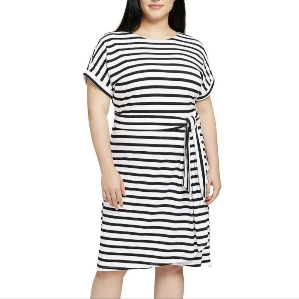 Chaps L Crewneck Knit Dress Black White Stripe 3032-AK